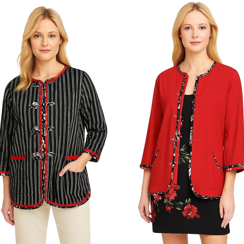 Koos Of Course Reversible Smock Jacket Tunic Women Size Med Linen Blend Red/Blue